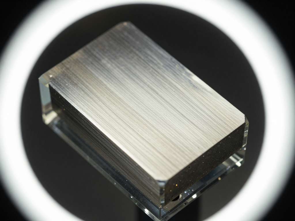 Macro cross-section of tinplate showing the bright tin coating over the darker steel substrate