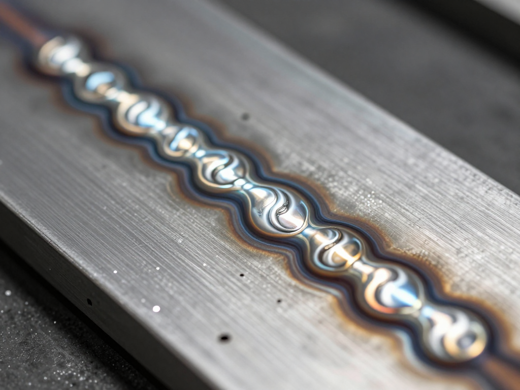 TIG weld bead on stainless steel with uniform ripples and a heat-tint heat-affected zone