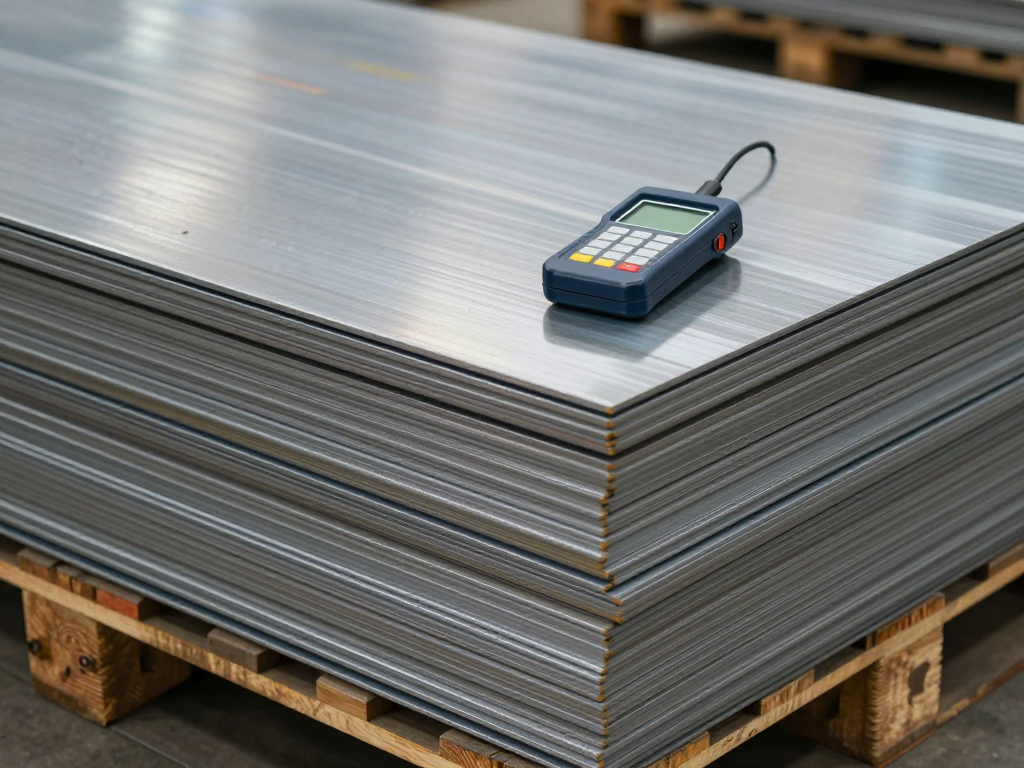 Stack of color-coated steel coil-cut sheets with a handheld colorimeter showing color and gloss consistency