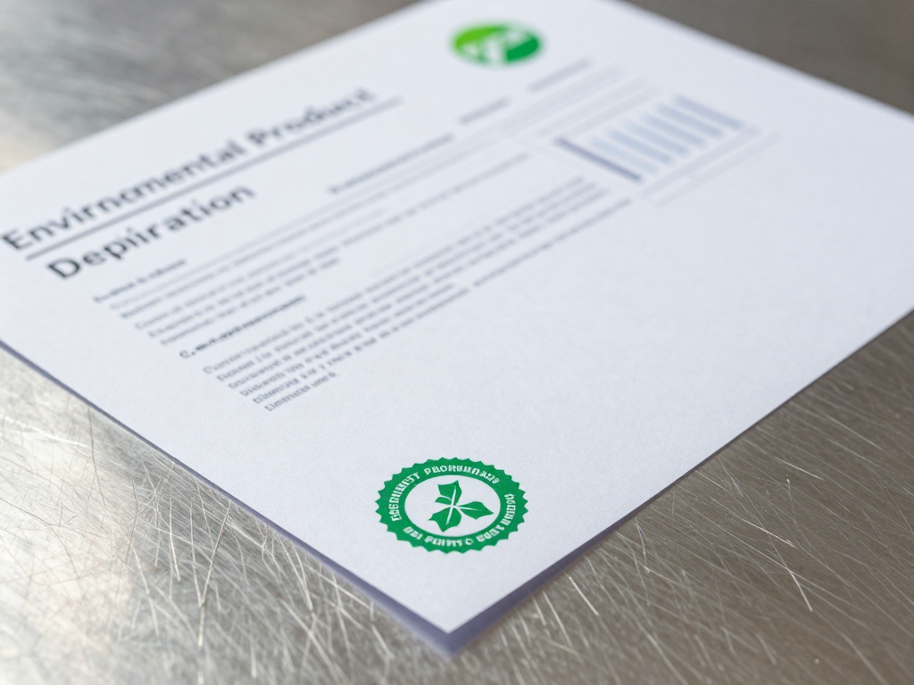 Environmental Product Declaration certificate on a brushed steel plate with a sustainability seal