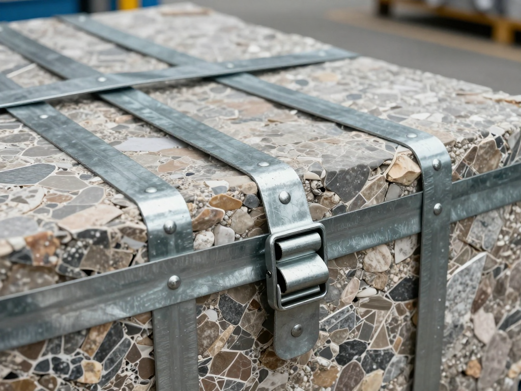 Steel strapping bands securing a large industrial cargo package