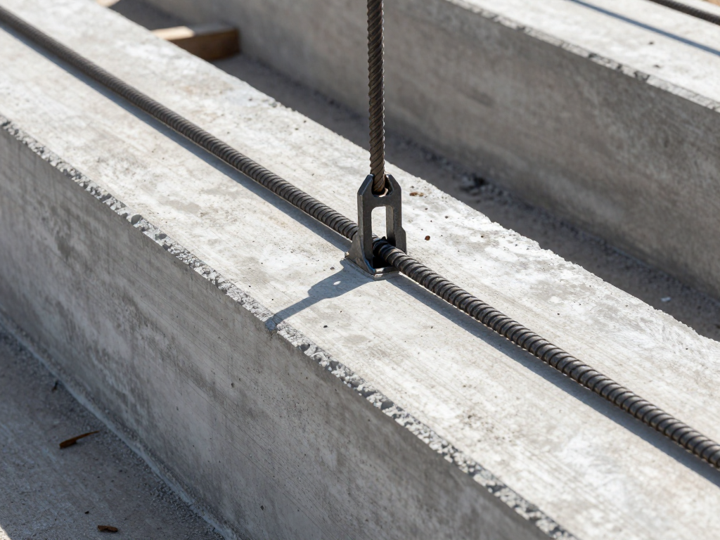 Prestressed concrete strand stressed through a precast beam
