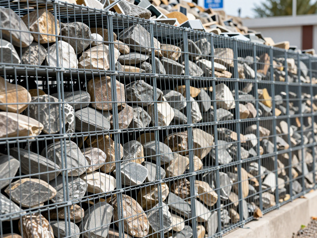 Gabion boxes filled with stones as a riverbank protection wall