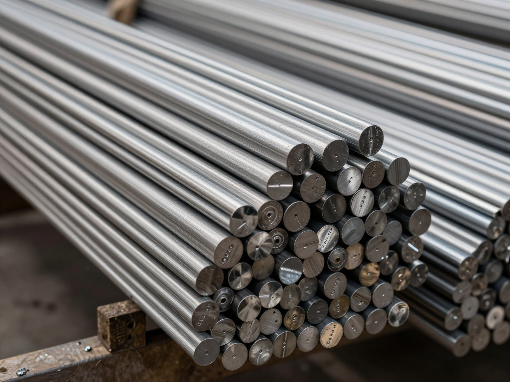 Stainless steel round bars stocked in a warehouse