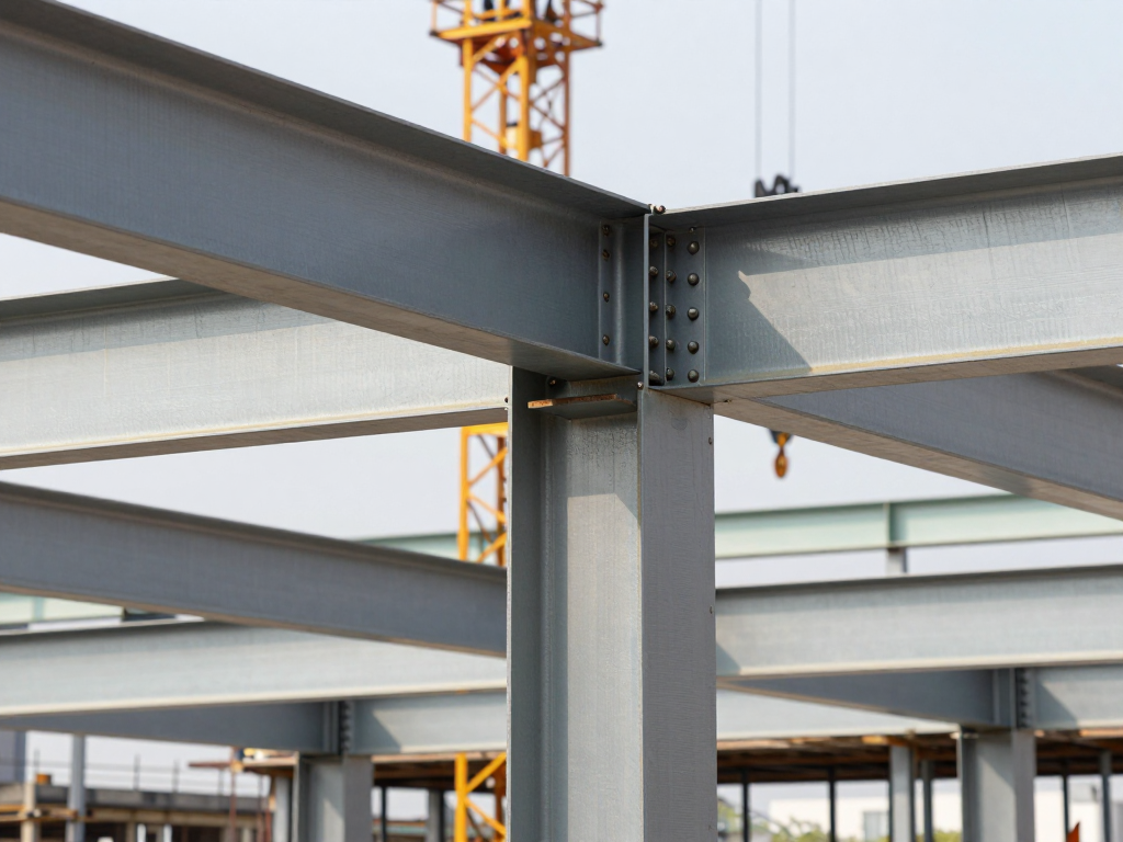 Steel H-beam columns and I-beam girders connected on a construction site