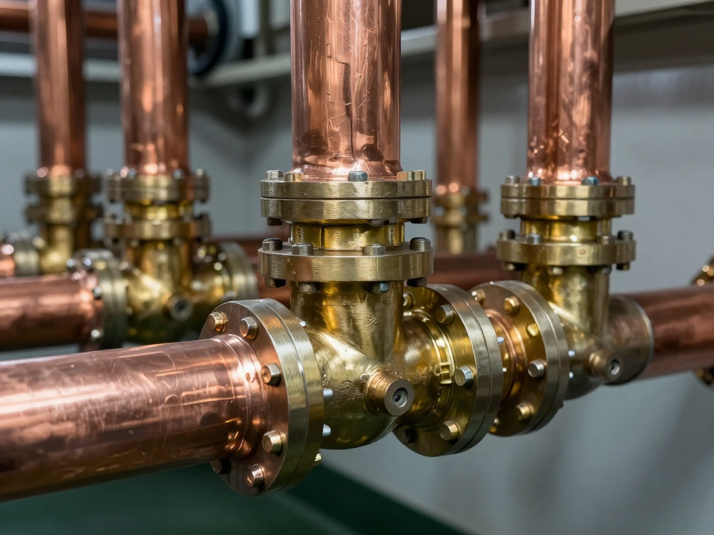 Copper nickel pipes with flanged joints in a marine engine room