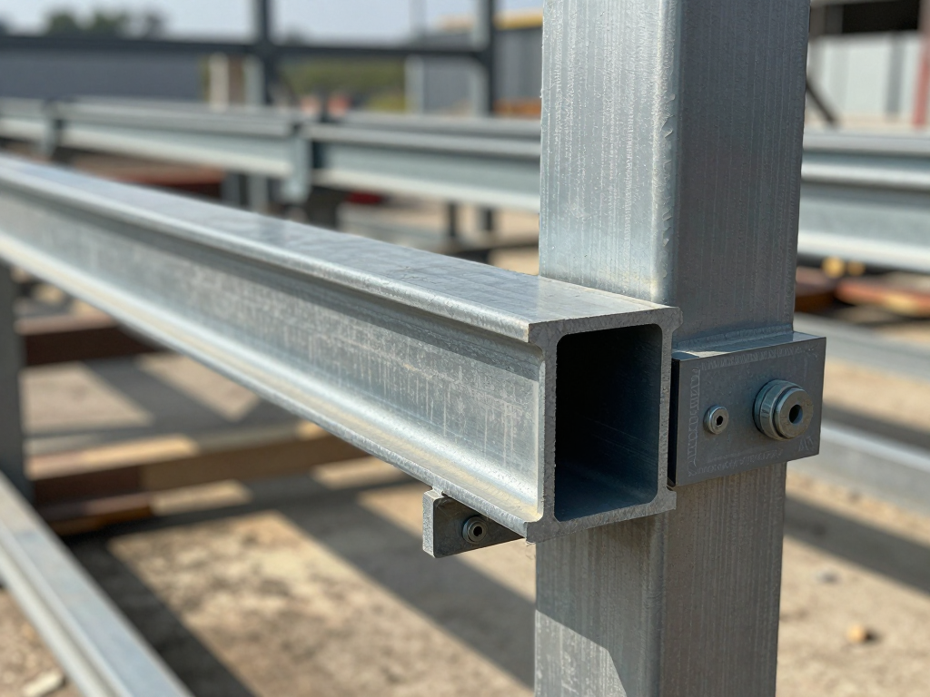 Steel U-channel fixed to columns in a warehouse frame