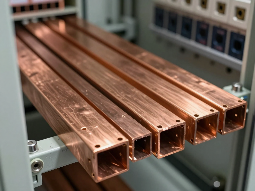 Copper busbar strips installed in an electrical switchgear cabinet