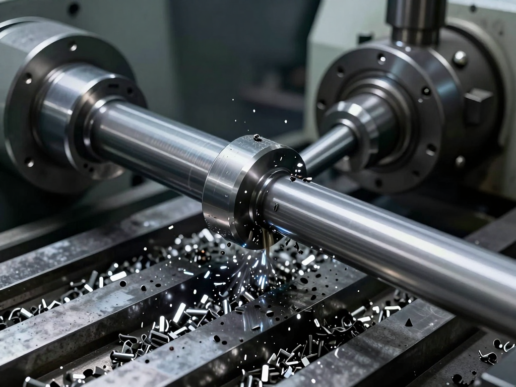Alloy steel bar being machined on a CNC lathe