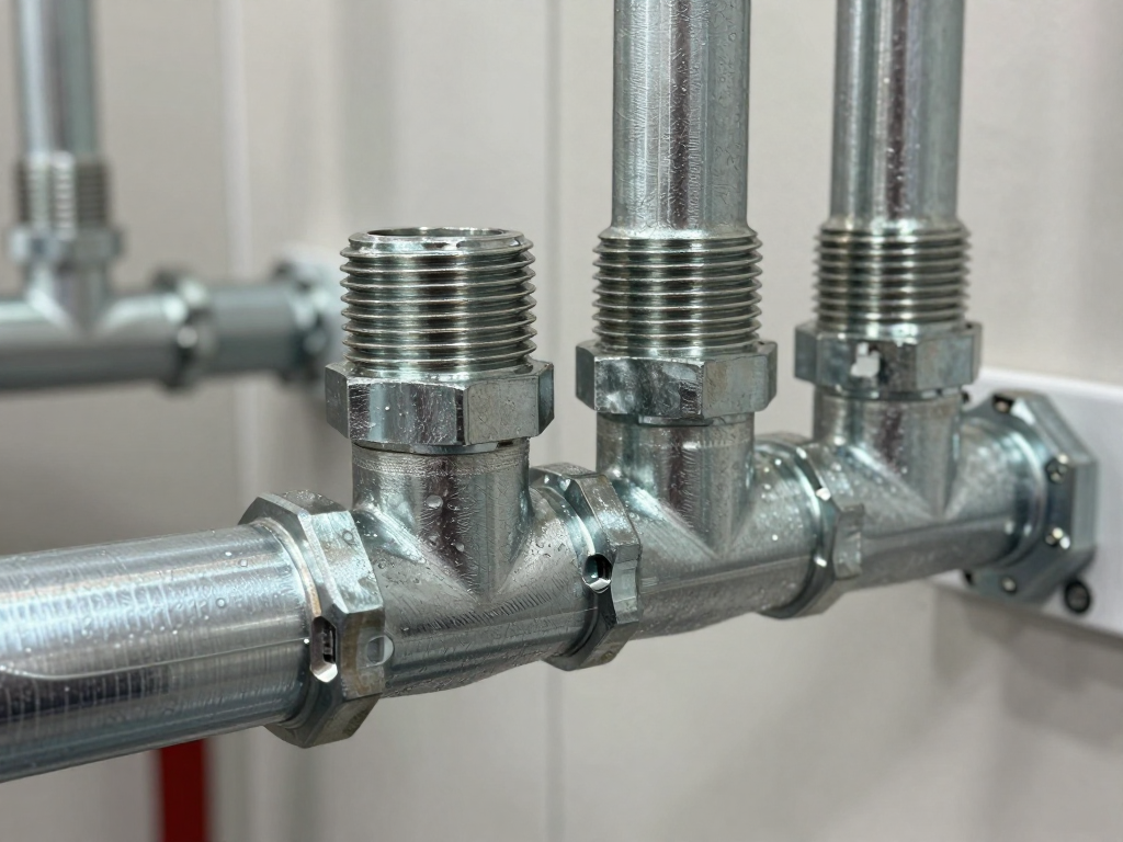 Galvanized steel pipes with threaded fittings in a mechanical room